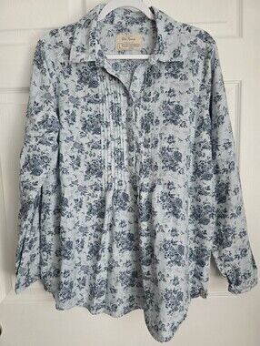 Old Ranch Brands Organic Cotton Pintuck Floral Blouse Blue L